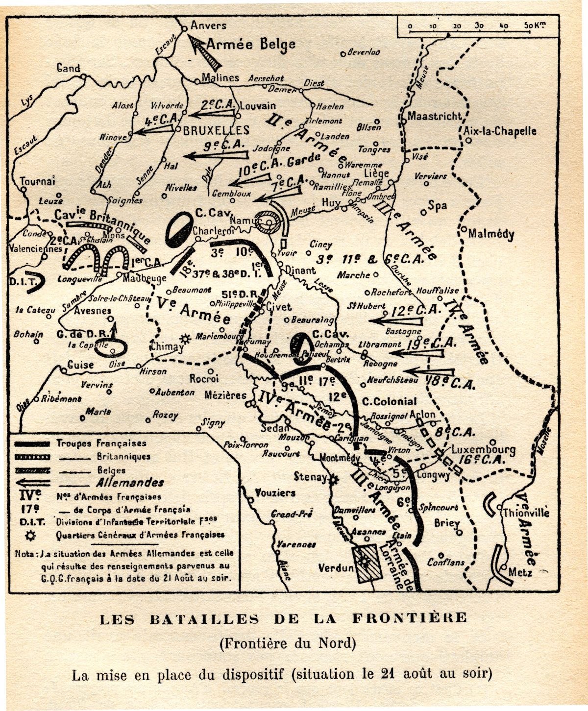 Carte du grand quartier général français : le dispositif des armées le 21 août 1914 au soir, veille du désastre ardennais.