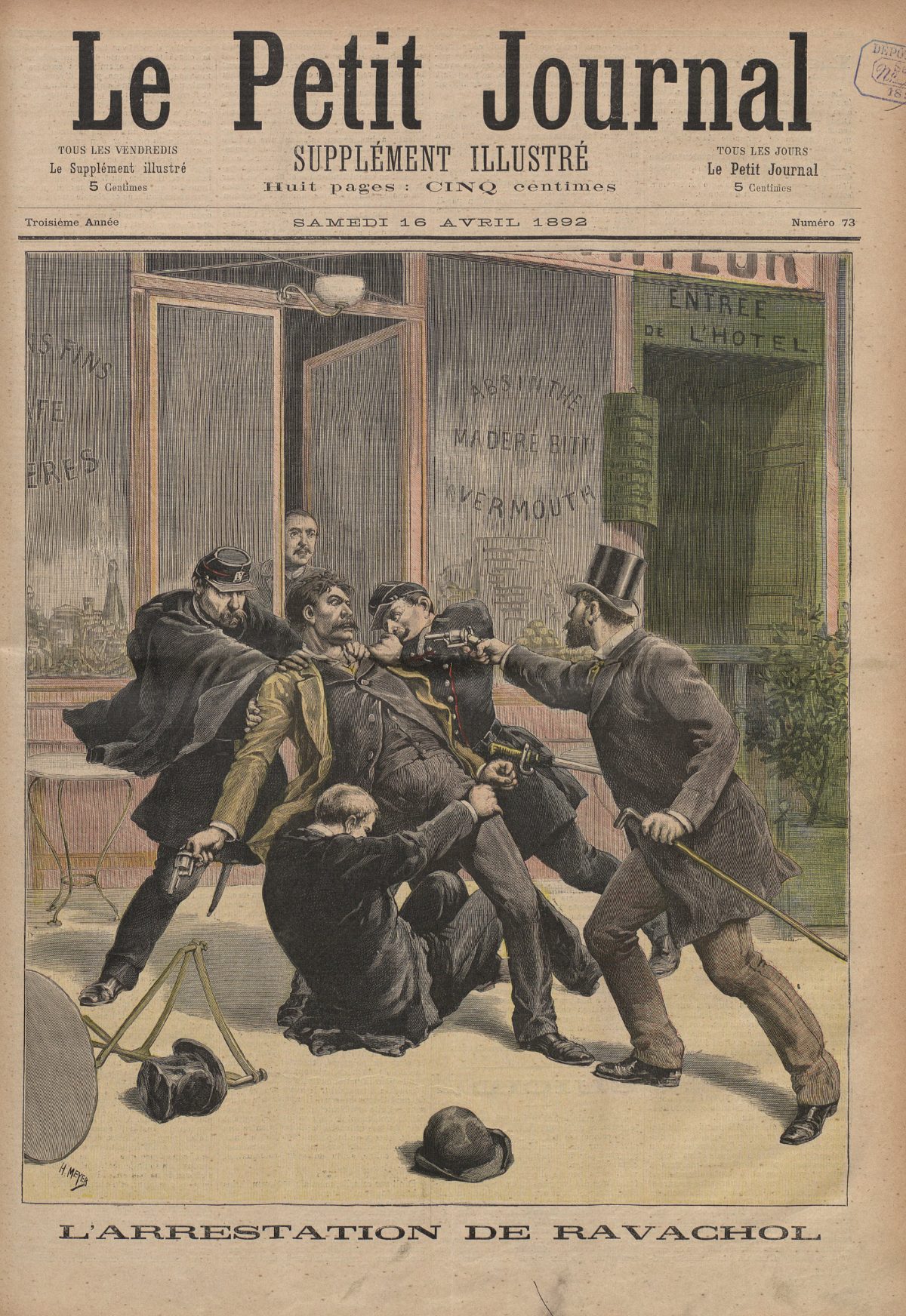 Une du Petit Journal illustré, 16 avril 1892 : l'arrestation de l'anarchiste Ravachol à Paris.