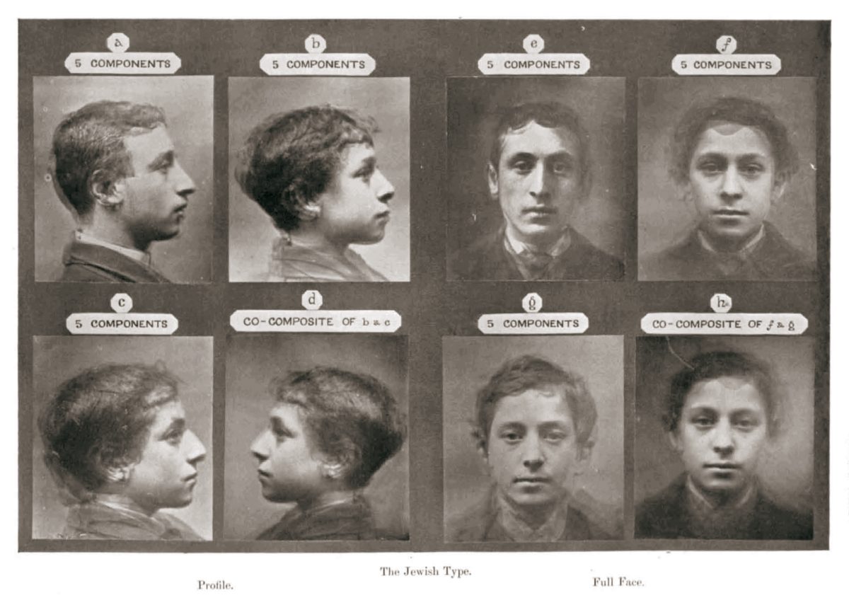 Planche de photographies composites de Francis Galton censée établir un « type juif », profils et visages de face, vers 1883.