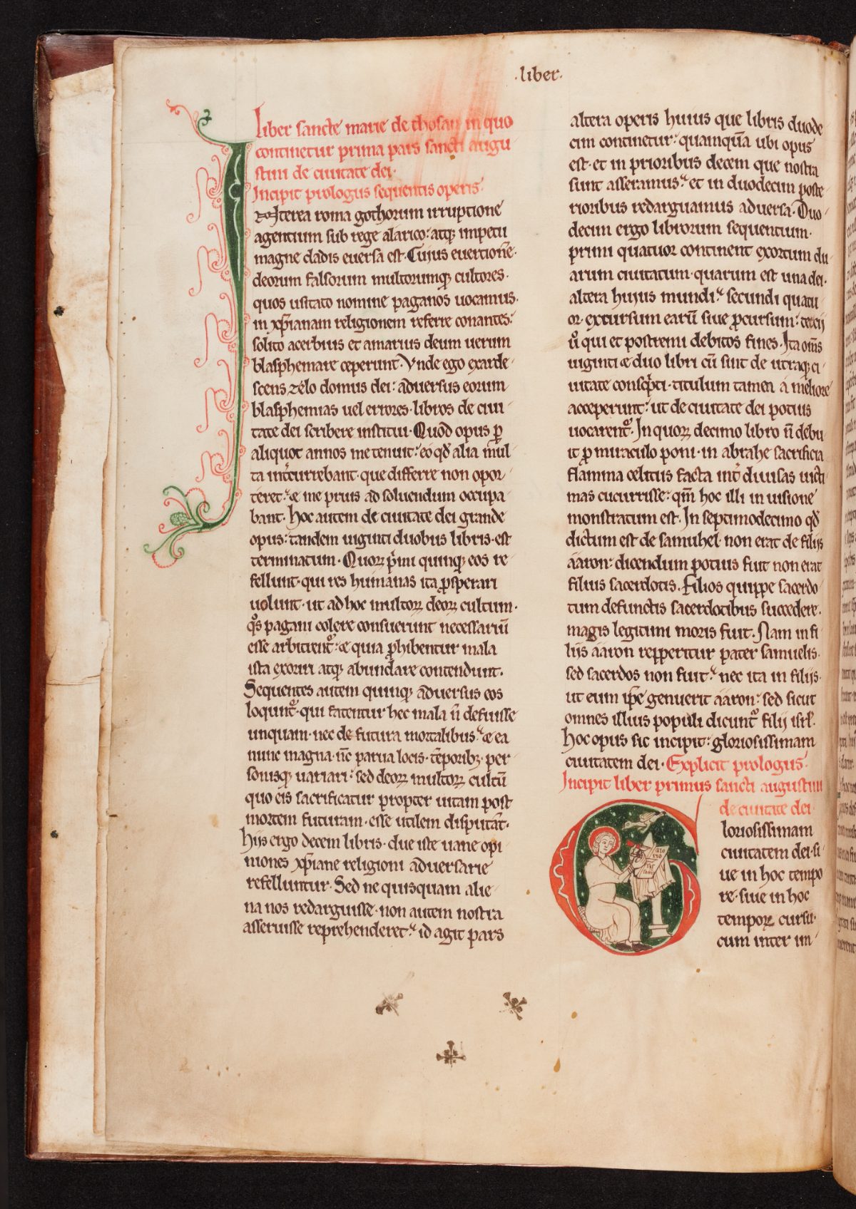 Page d'ouverture d'une copie du XIIIe siècle de La Cité de Dieu d'Augustin, conservée à Bruges.
