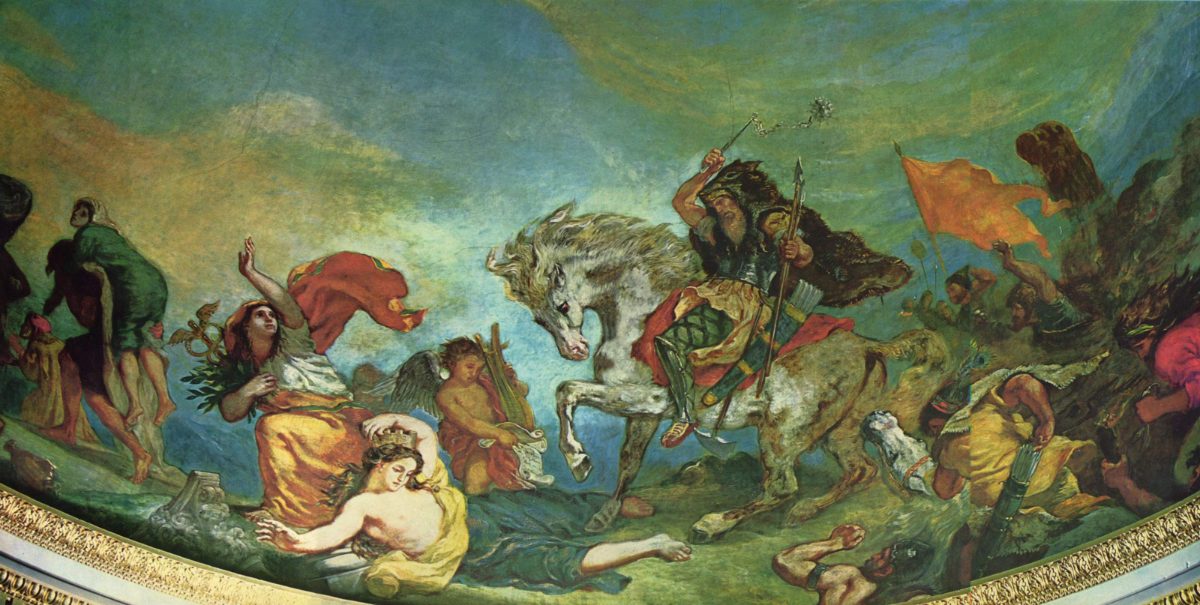 Attila à cheval piétinant l'Italie et les Arts, fresque d'Eugène Delacroix au Palais Bourbon