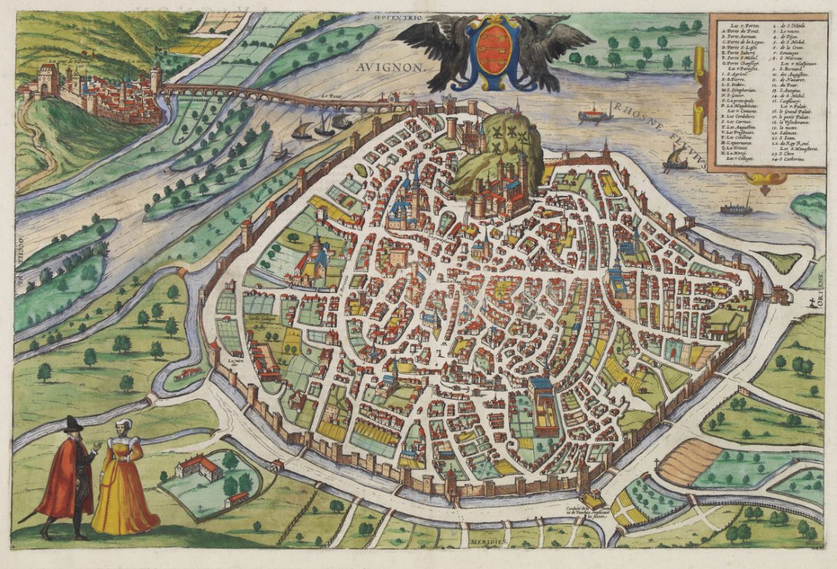Avignon enserrée dans ses remparts, le palais des Papes sur son rocher, gravure de Braun et Hogenberg, 1575