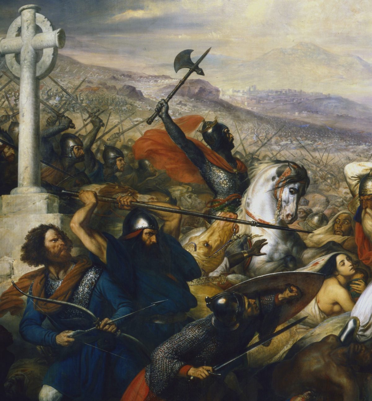 Charles Martel brandissant sa hache à la bataille de Poitiers, détail du tableau peint par Charles de Steuben entre 1834 et 1837.