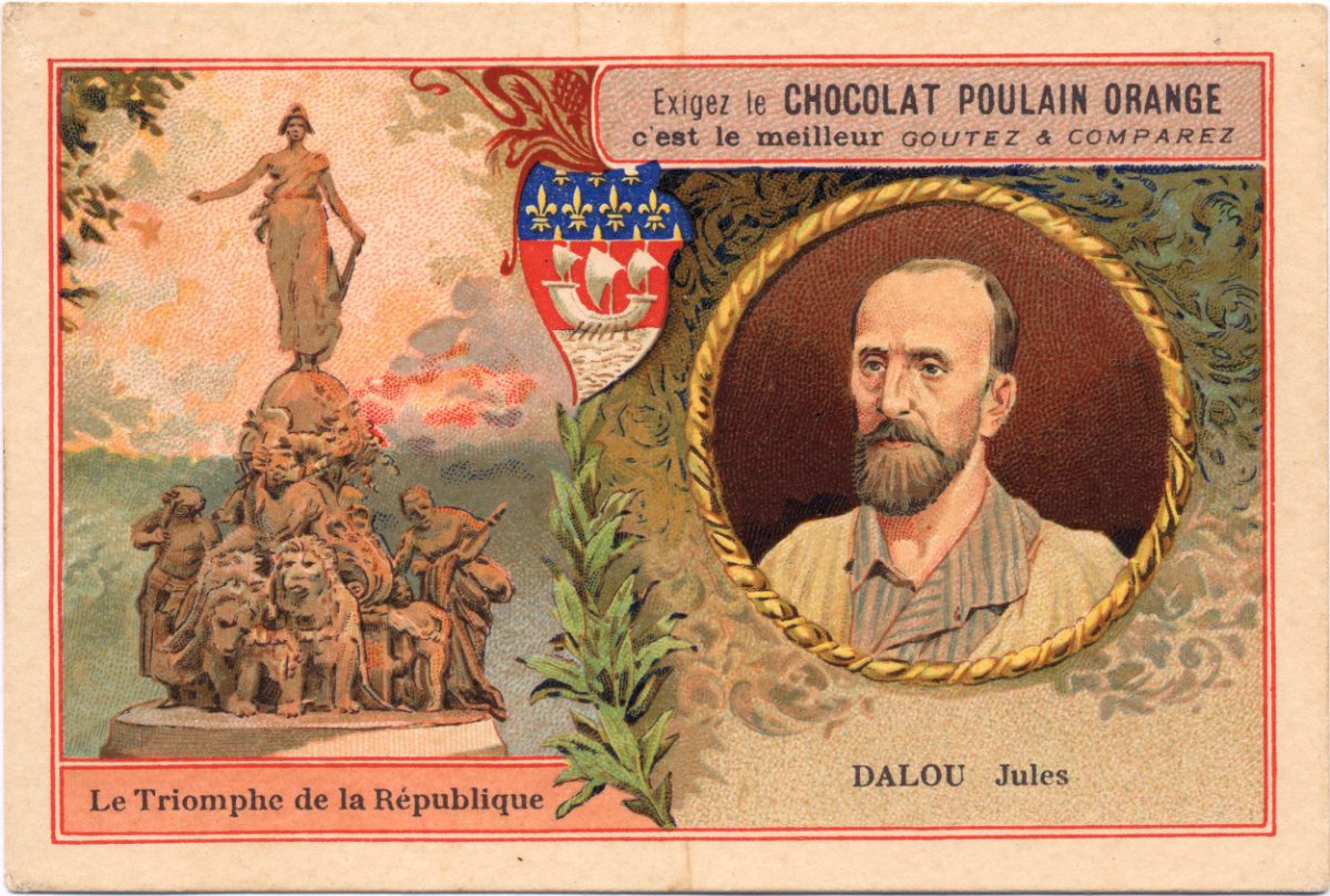 Image à collectionner Poulain, vers 1900 : le sculpteur Jules Dalou et le slogan « Goûtez et comparez ».