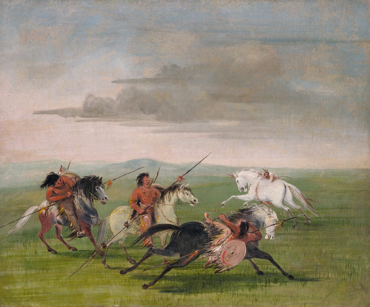 Cavaliers comanches lancés au galop dans les Grandes Plaines, peints par George Catlin vers 1834.