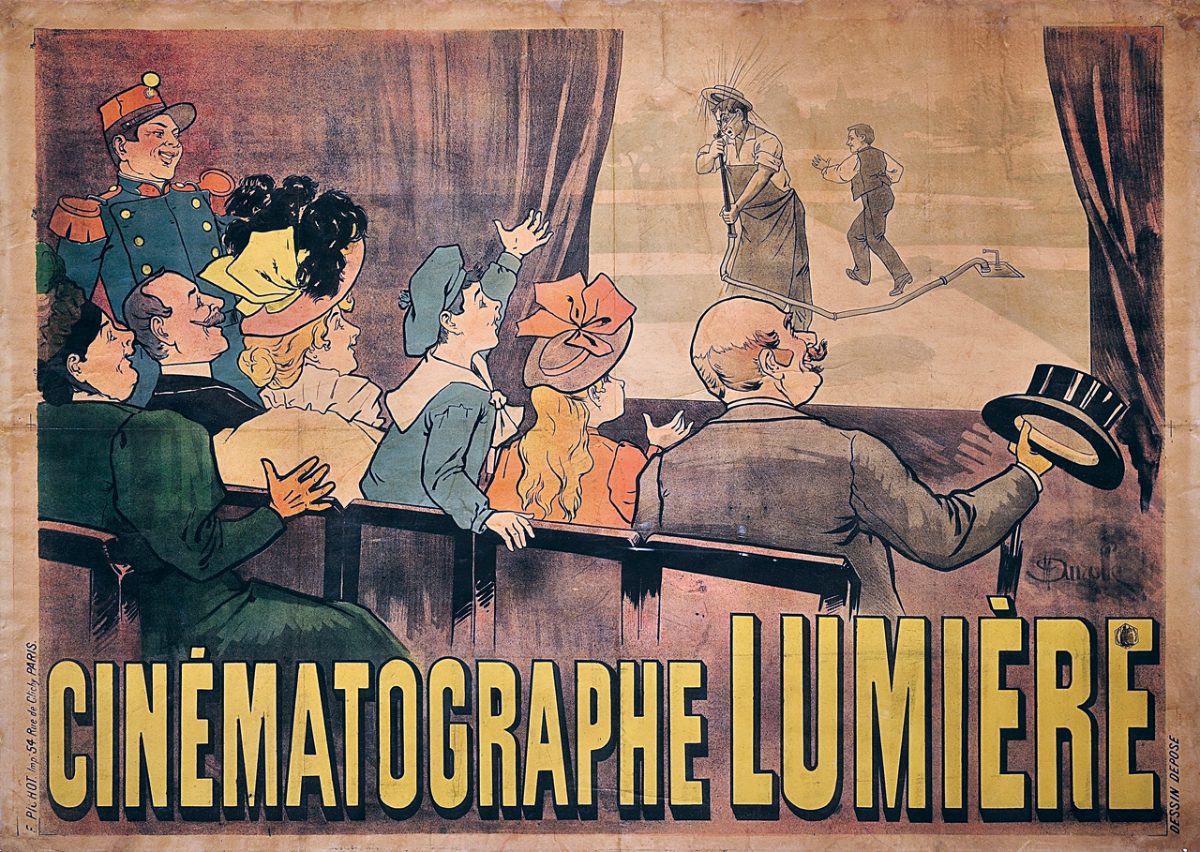 Affiche du Cinématographe Lumière par Marcellin Auzolle, 1896 : un public payant rit devant « L'Arroseur arrosé ».