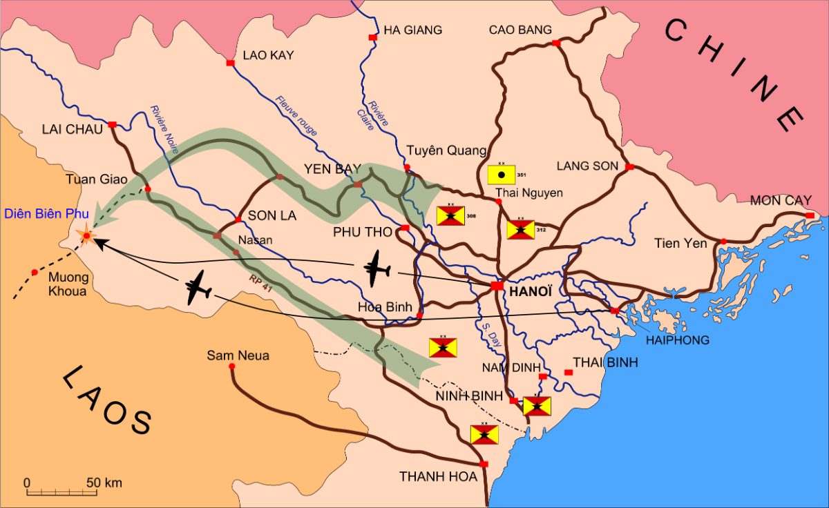 Carte de la bataille de Diên Biên Phu : la cuvette isolée près du Laos, le pont aérien depuis Hanoï et les divisions viêt-minh convergeant par la RP 41.
