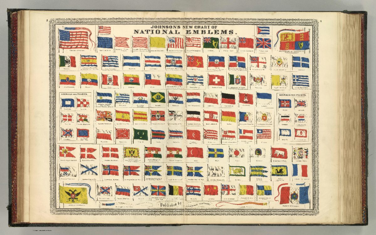 Planche gravée des pavillons nationaux, atlas Johnson 1868 : Hollande, Pays-Bas, Brésil, Russie, Portugal.