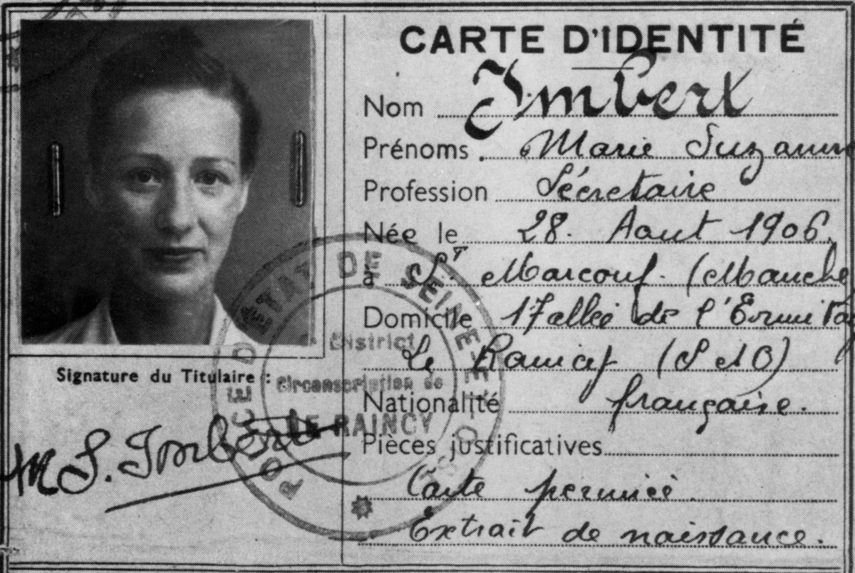 Fausse carte d'identité de Marie-Madeleine Fourcade, chef du réseau Alliance, établie au nom de « Marie Suzanne Imbert ».