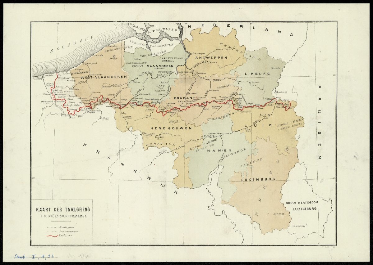 La frontière linguistique tracée en rouge à travers la Belgique, carte lithographiée du début du XXe siècle.