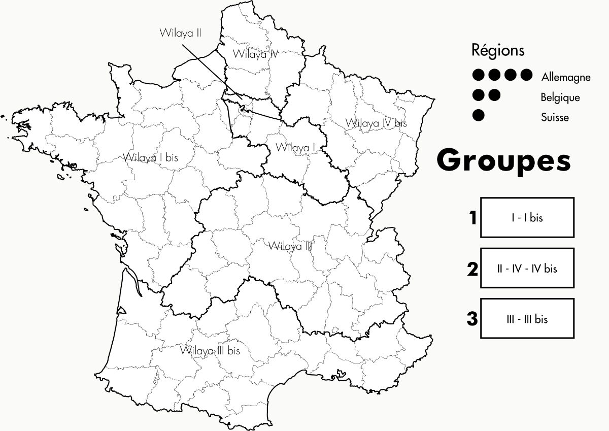 Carte du territoire français découpé en wilayas par la Fédération de France du FLN, 1961-1962, avec les régions d'Allemagne, de Belgique et de Suisse.