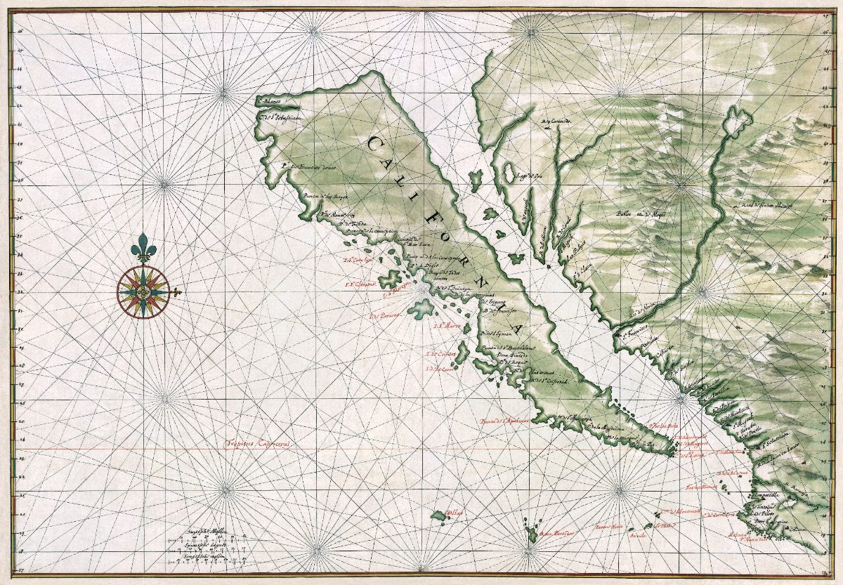 Carte néerlandaise vers 1650 : la Californie y est dessinée en île, séparée du continent.