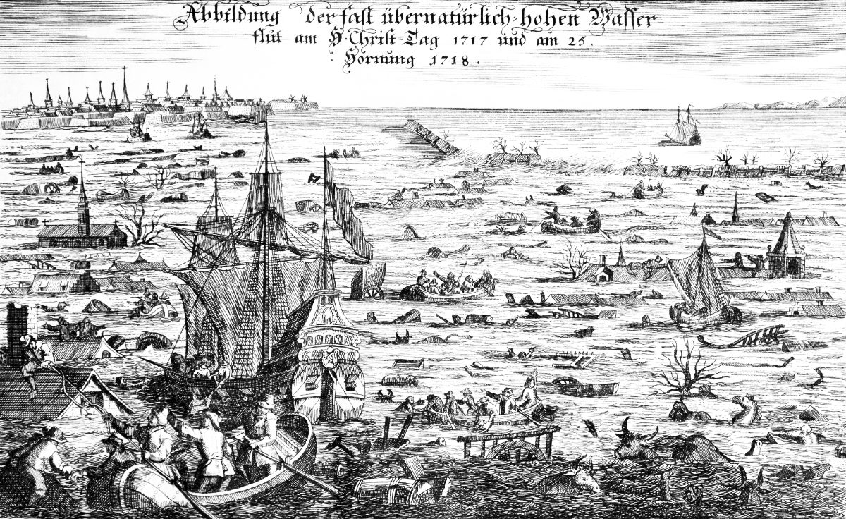 Gravure d'époque figurant l'inondation de la nuit de Noël 1717 : toits submergés, clochers émergés et barques de sauvetage.