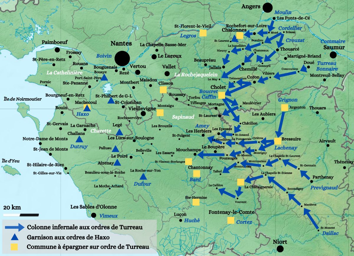 Carte du parcours des colonnes infernales de Turreau en janvier 1794 et des communes épargnées sur son ordre.