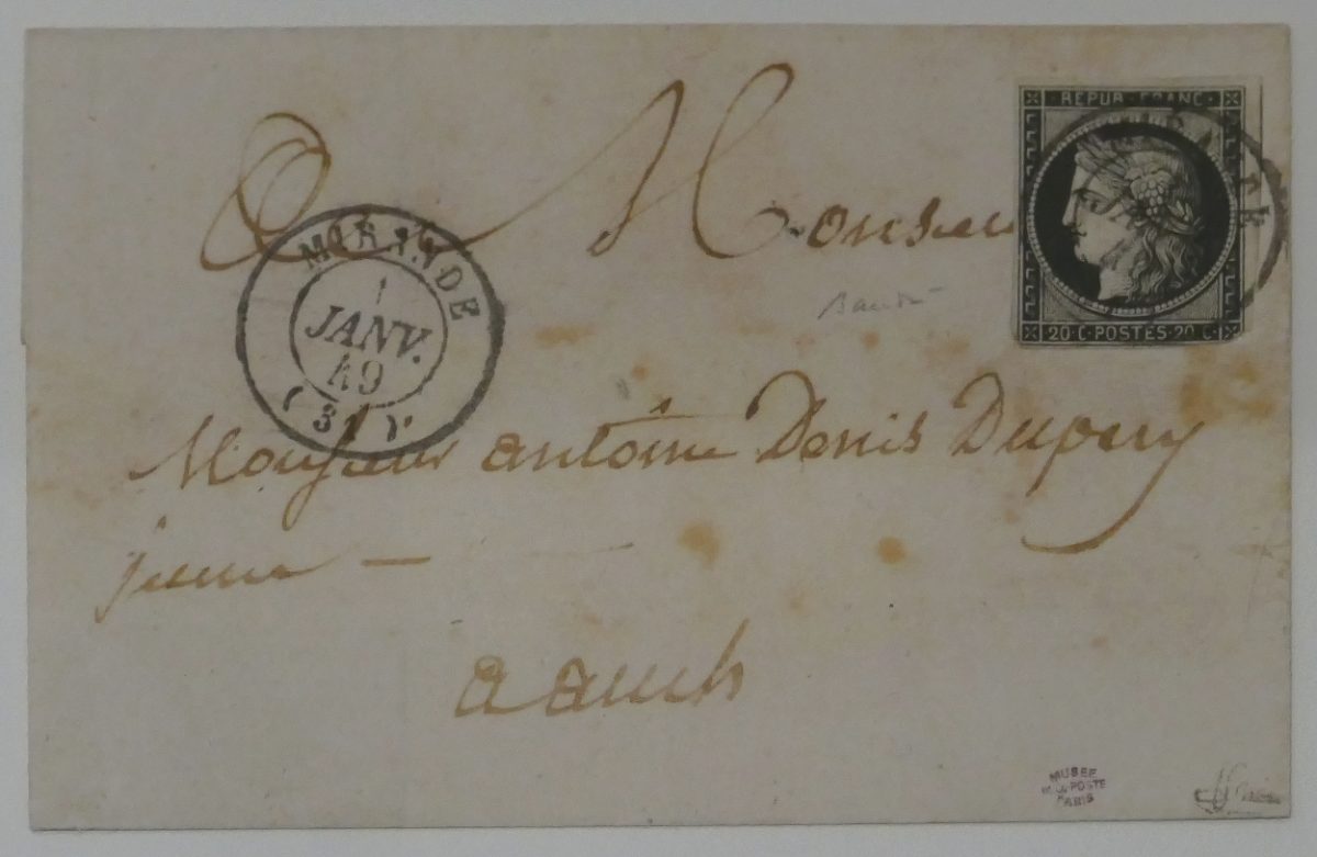 Lettre affranchie du 20 centimes Cérès noir, oblitérée le 1er janvier 1849, premier jour du timbre-poste français.