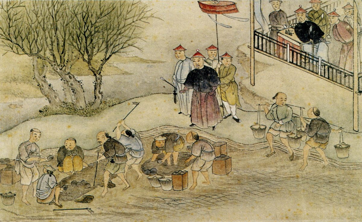 Peinture chinoise du XIXe siècle : le commissaire Lin Zexu supervise la destruction de l'opium à Canton, en 1839.