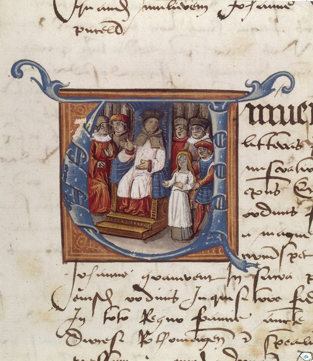 Jeanne d'Arc devant l'évêque Pierre Cauchon, lettrine du manuscrit latin du procès de Rouen.