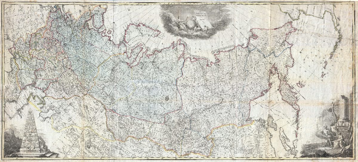 Carte murale de l'Empire russe (1787) : de la Baltique aux Aléoutiennes et aux côtes de l'Amérique du Nord.