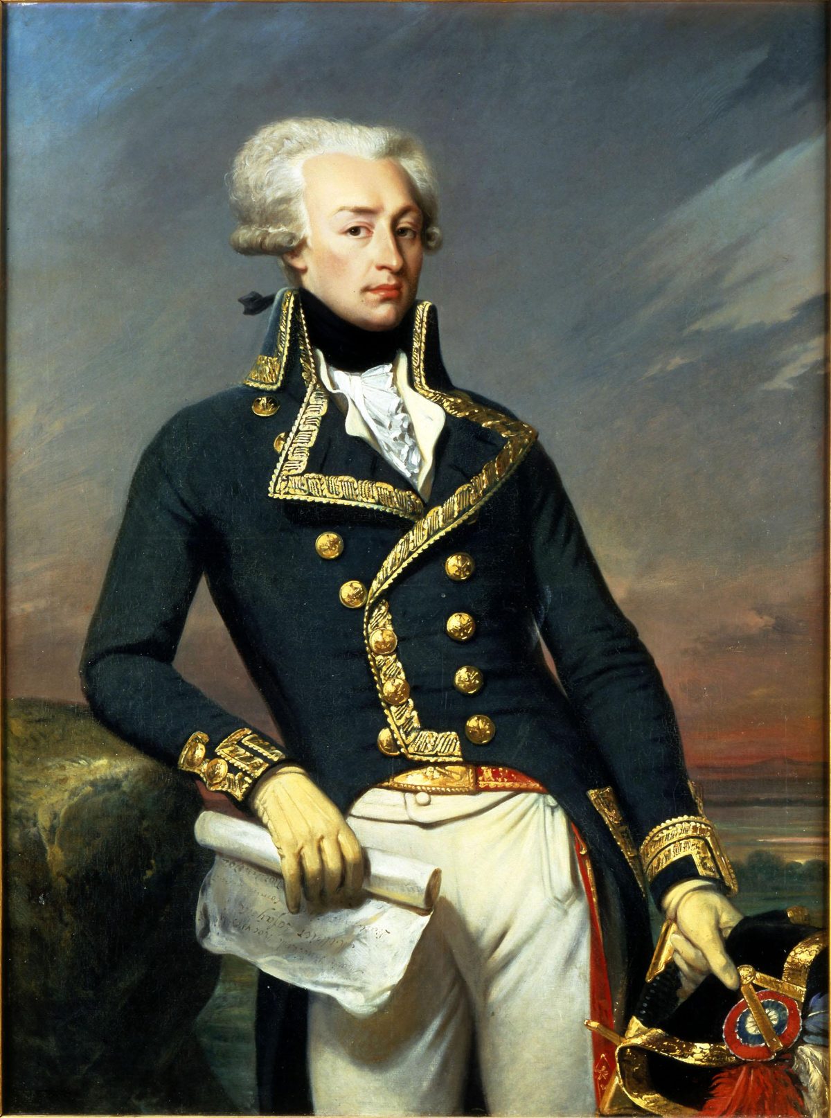 Le marquis de La Fayette en lieutenant général de 1791, chapeau à cocarde tricolore posé près de lui