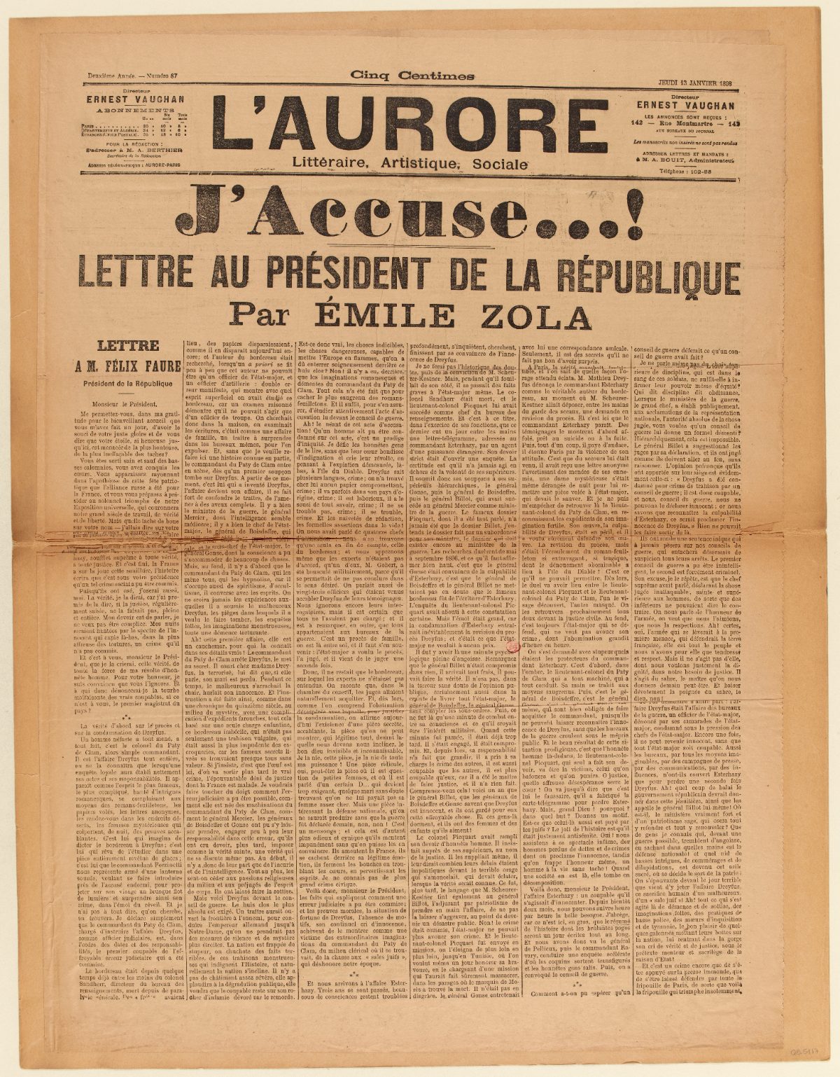 La une de L'Aurore du 13 janvier 1898 : « J'Accuse…! », lettre ouverte d'Émile Zola au président Félix Faure.