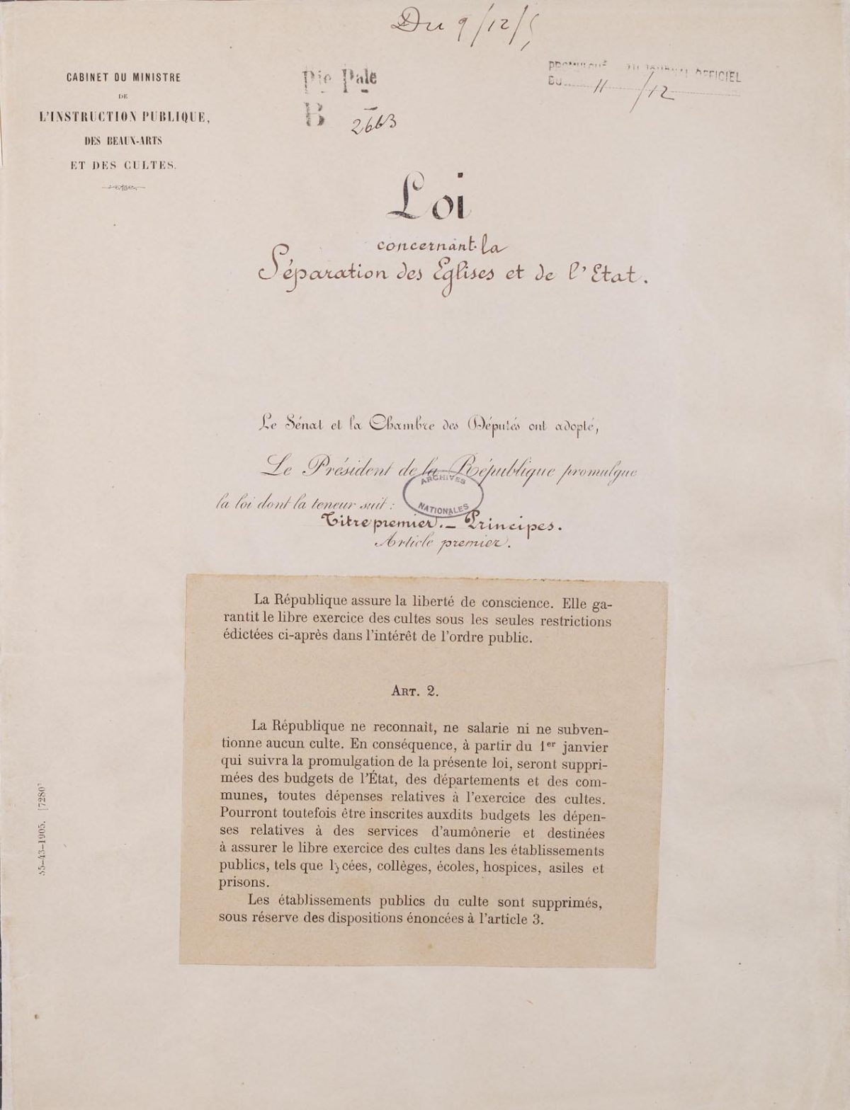 Première page originale de la loi de séparation des Églises et de l'État, promulguée le 9 décembre 1905.