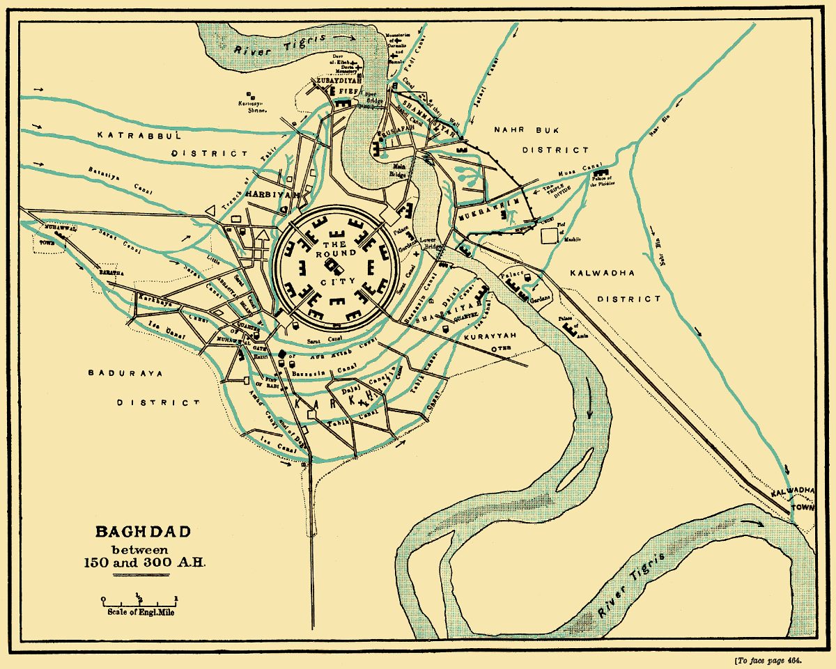 Plan ancien de Bagdad sur le Tigre : au centre, la Ville ronde d'al-Mansour et ses canaux