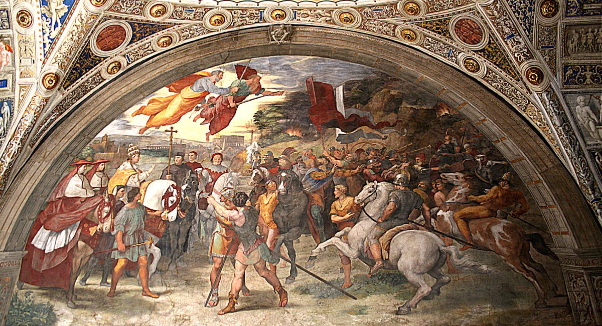 Le pape Léon Ier arrête Attila aux portes de l'Italie, fresque de Raphaël au palais du Vatican.