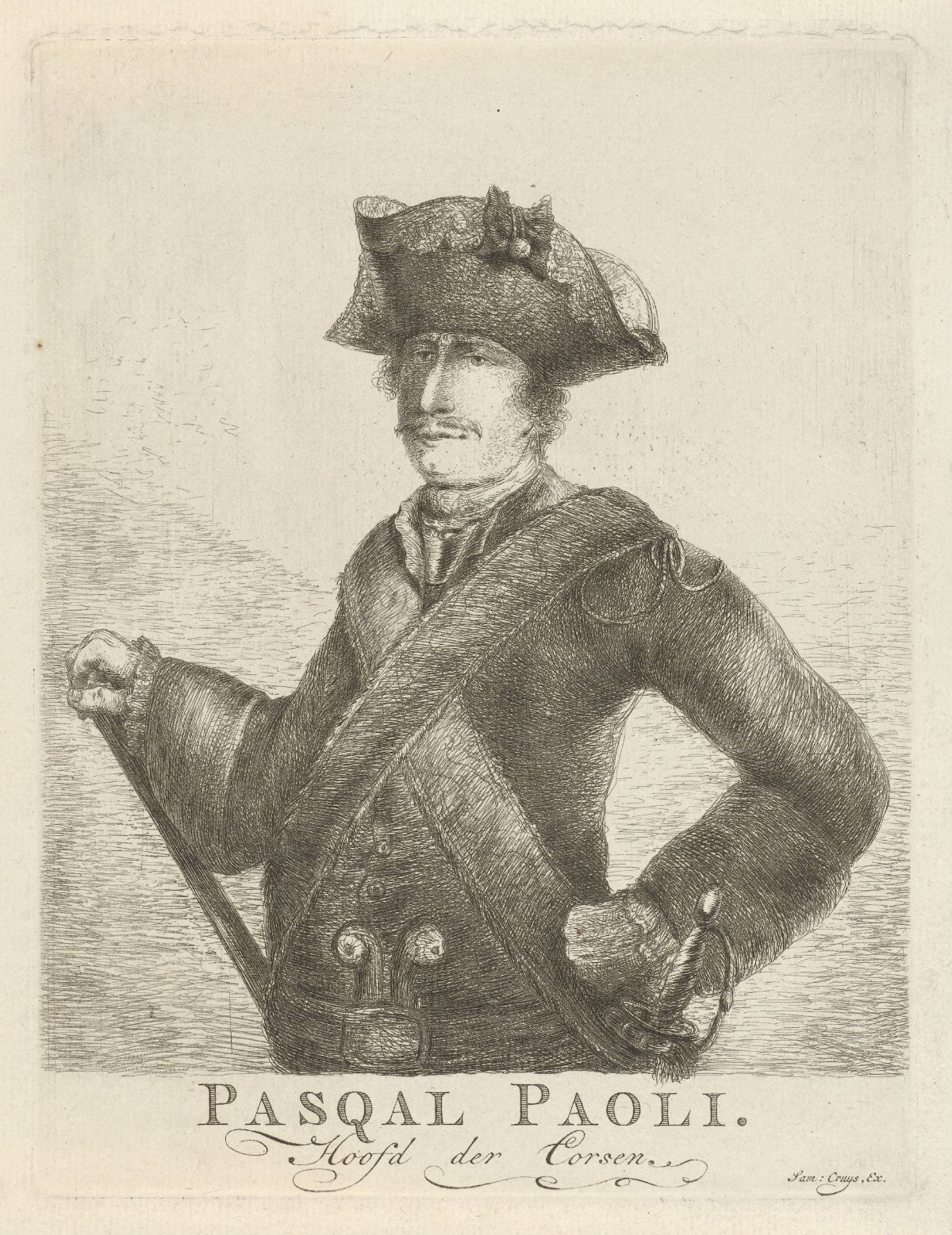 Estampe hollandaise de 1768 : Pascal Paoli en tenue militaire, légendé « chef des Corses ».
