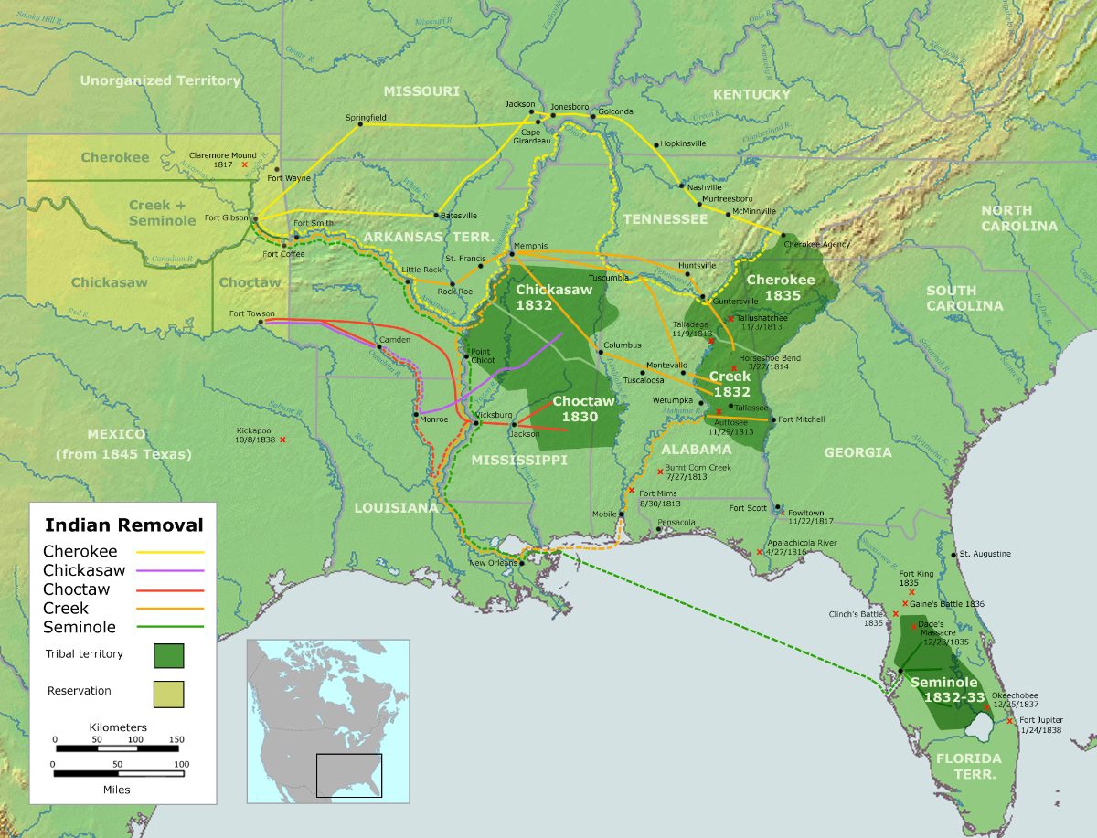 Carte des routes de déportation des Cherokees et des autres nations du Sud-Est vers l'Oklahoma, 1836-1839.