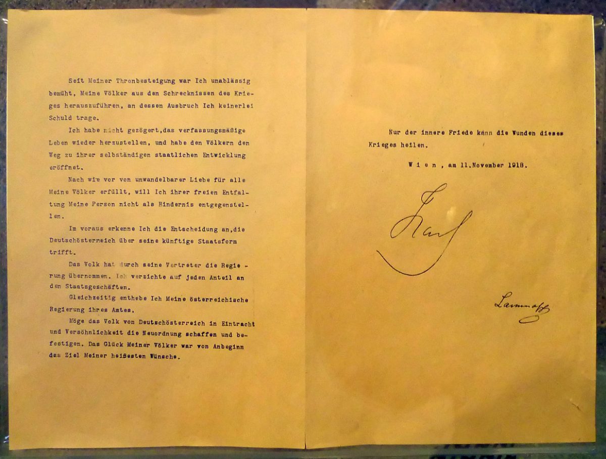 Déclaration signée par Charles Ier à Vienne le 11 novembre 1918 : il renonce aux affaires de l'État.