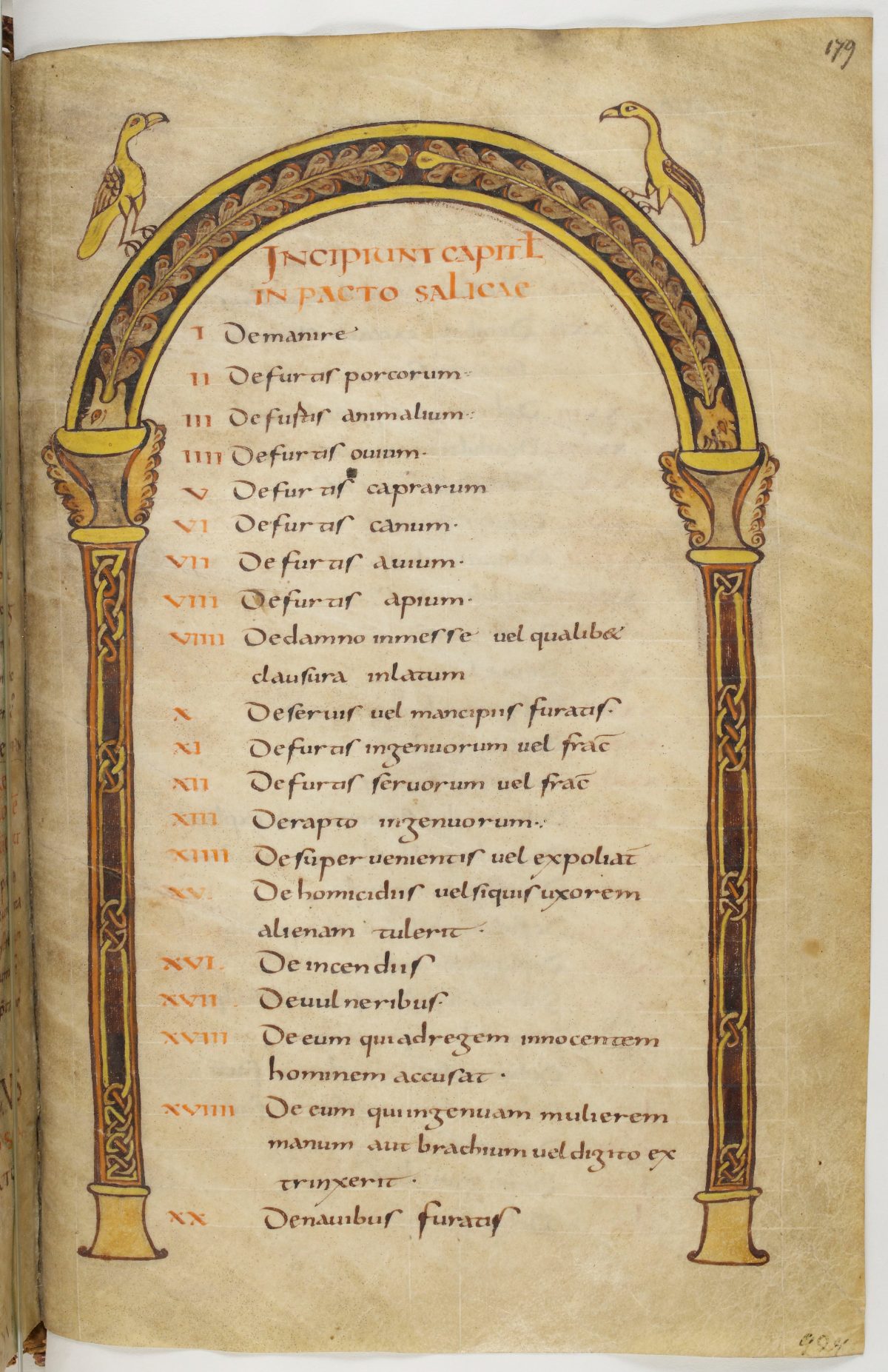 Le sommaire enluminé de la loi salique, dans un manuscrit carolingien du début du IXe siècle.