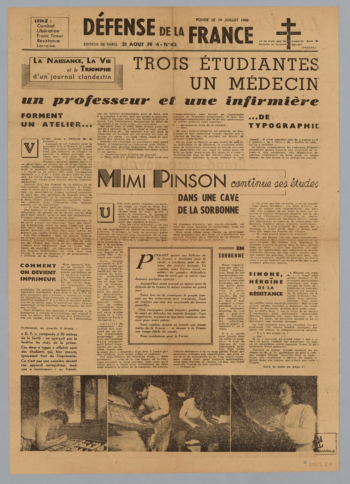 Une du journal clandestin « Défense de la France », édition de Paris du 21 août 1944.