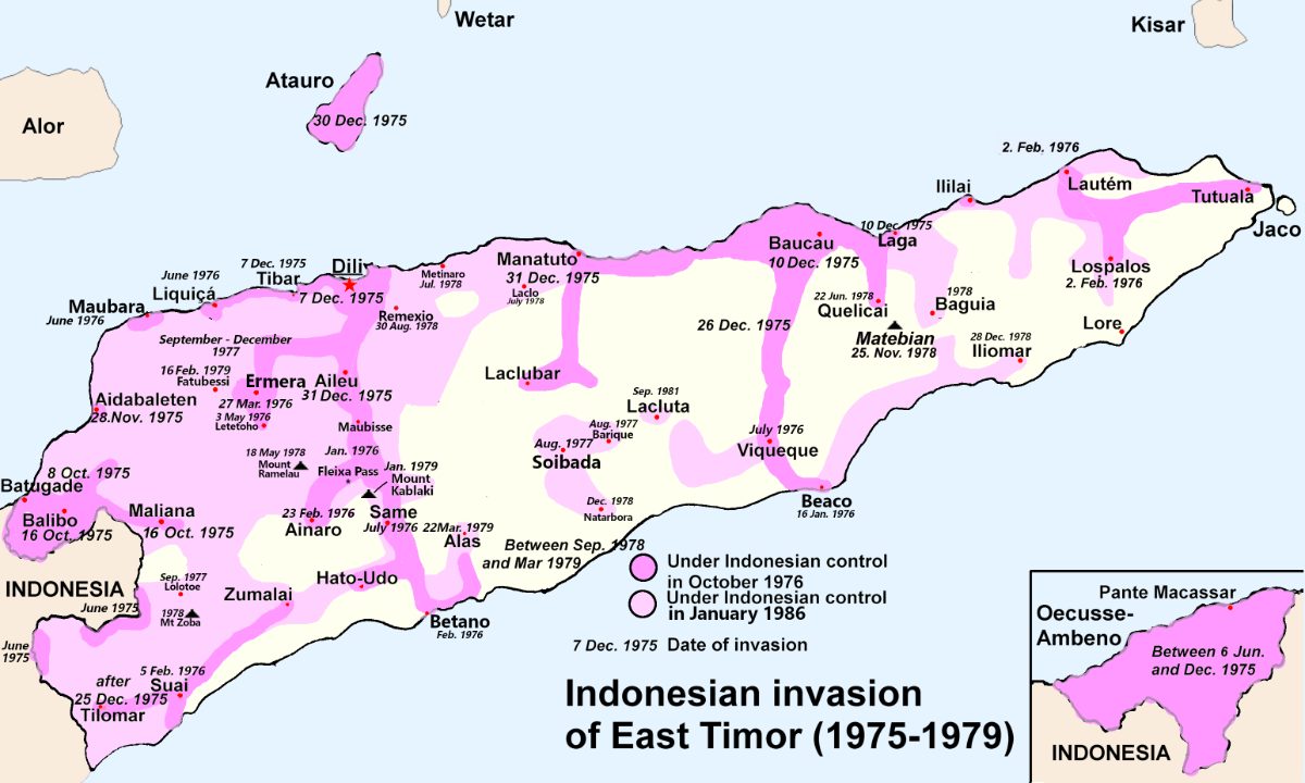 Carte de l'invasion indonésienne du Timor oriental : Dili tombe le 7 décembre 1975, avec l'enclave d'Oecusse.