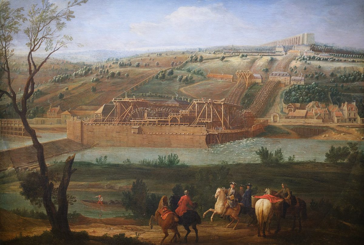 La machine de Marly sur la Seine en 1723, ses roues à aubes et ses rampes de chevalets.