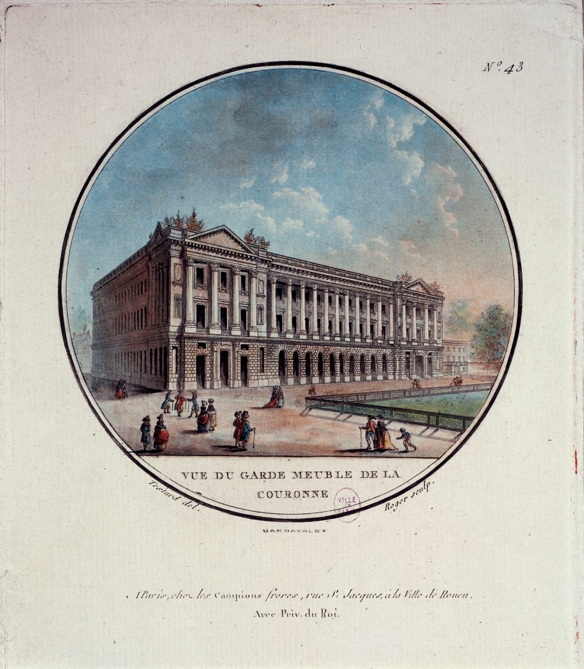 Le Garde-Meuble de la Couronne place Louis XV, estampe coloriée de 1789, trois ans avant le vol.