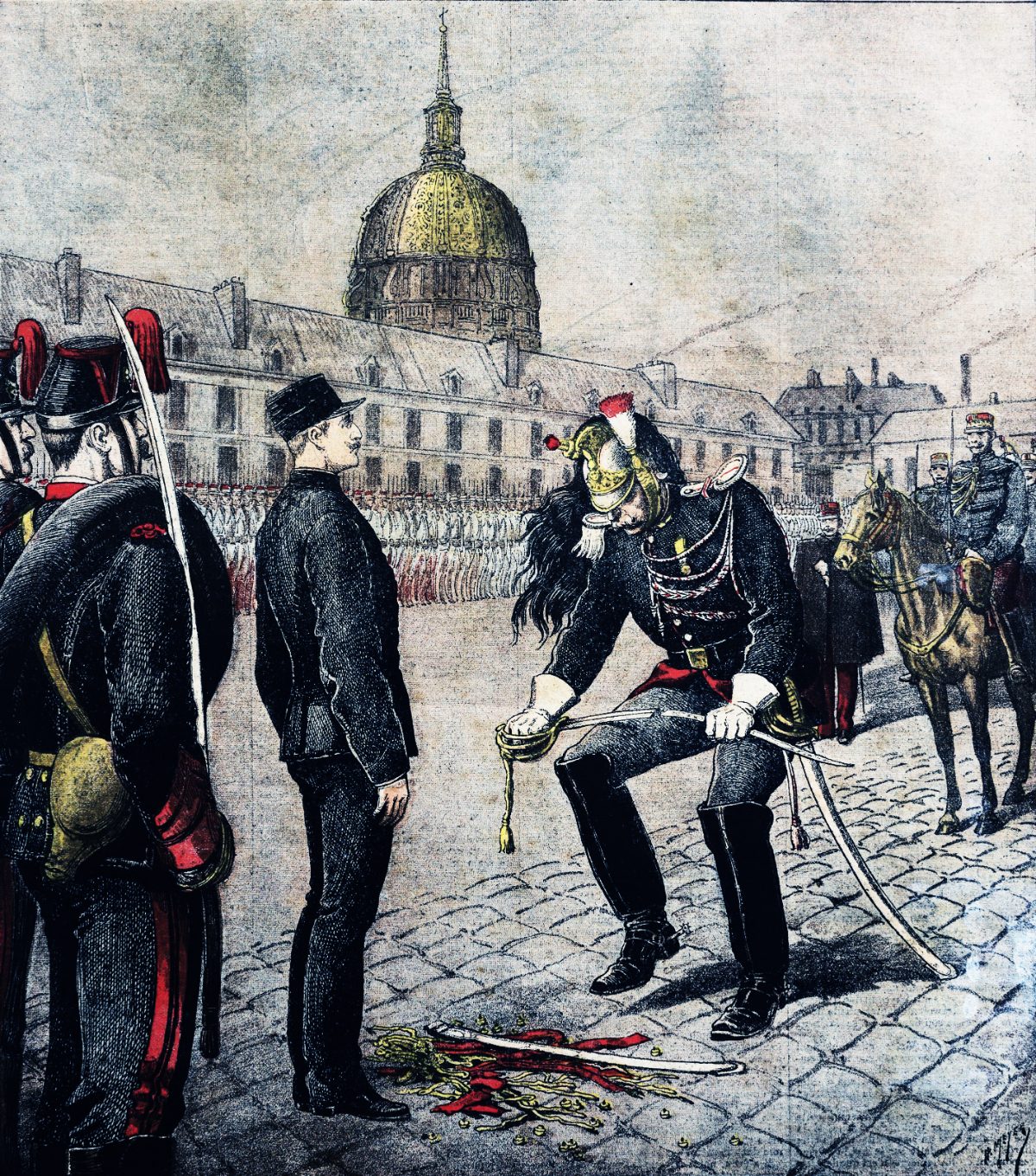 La dégradation du capitaine Dreyfus, cour de l'École militaire, 5 janvier 1895 : un officier brise son sabre.