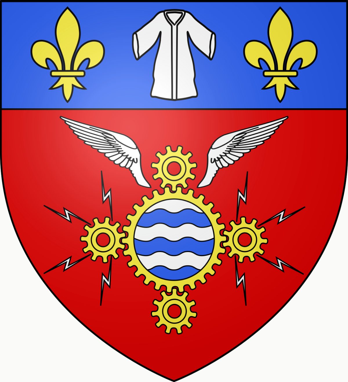 Le blason d’Argenteuil : sainte tunique et fleurs de lis, rouages ailés et éclairs de l’industrie.