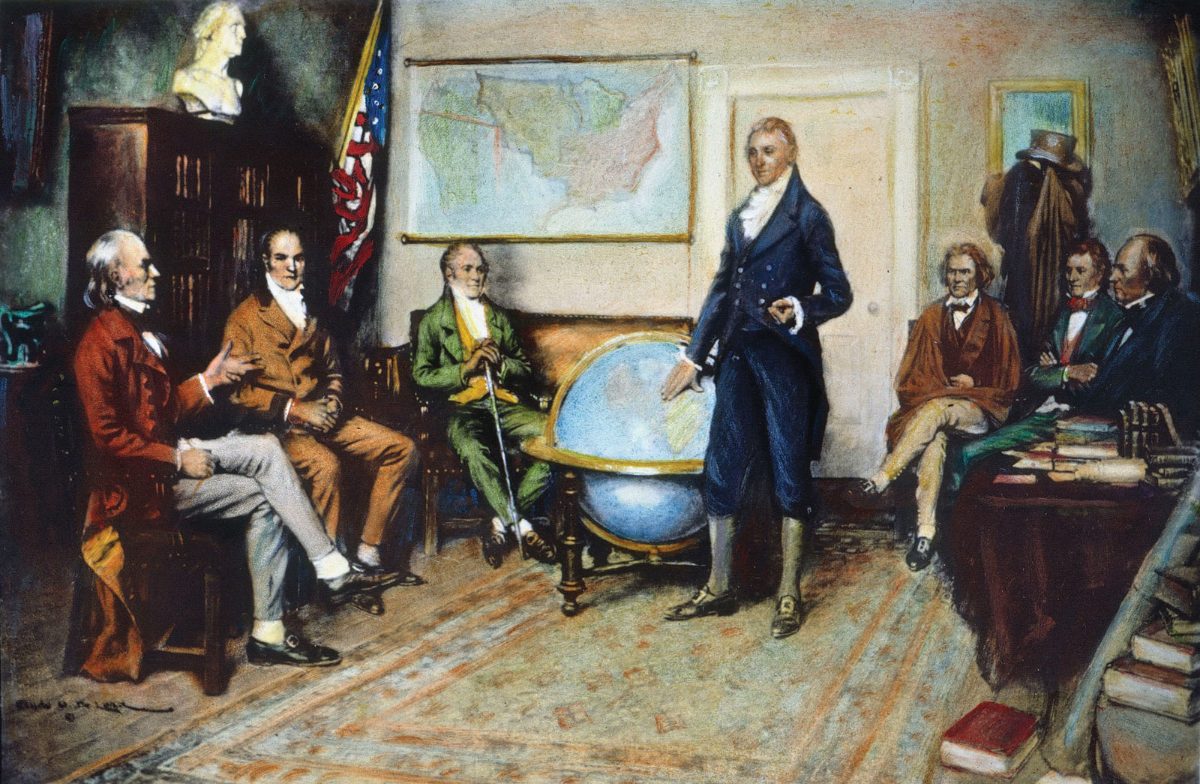 James Monroe, debout près du globe, expose sa doctrine devant son cabinet réuni en 1823.
