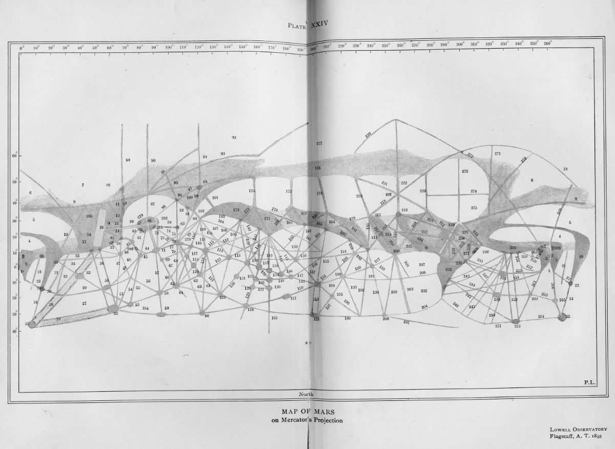 Carte de Mars dressée par Percival Lowell en 1895, couverte des « canaux » qui n'existaient pas.