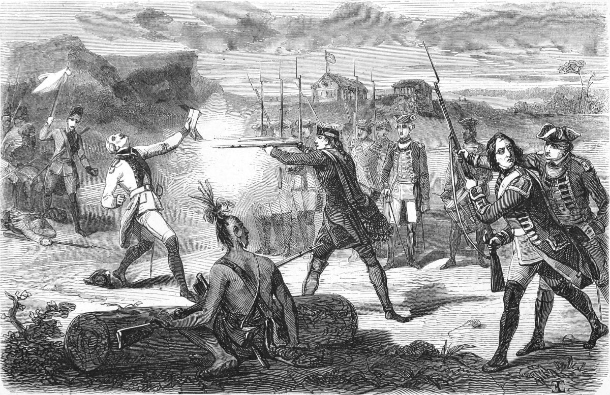 Jumonville, la sommation à la main, abattu dans la clairière de l’Ohio : gravure française du XIXᵉ siècle