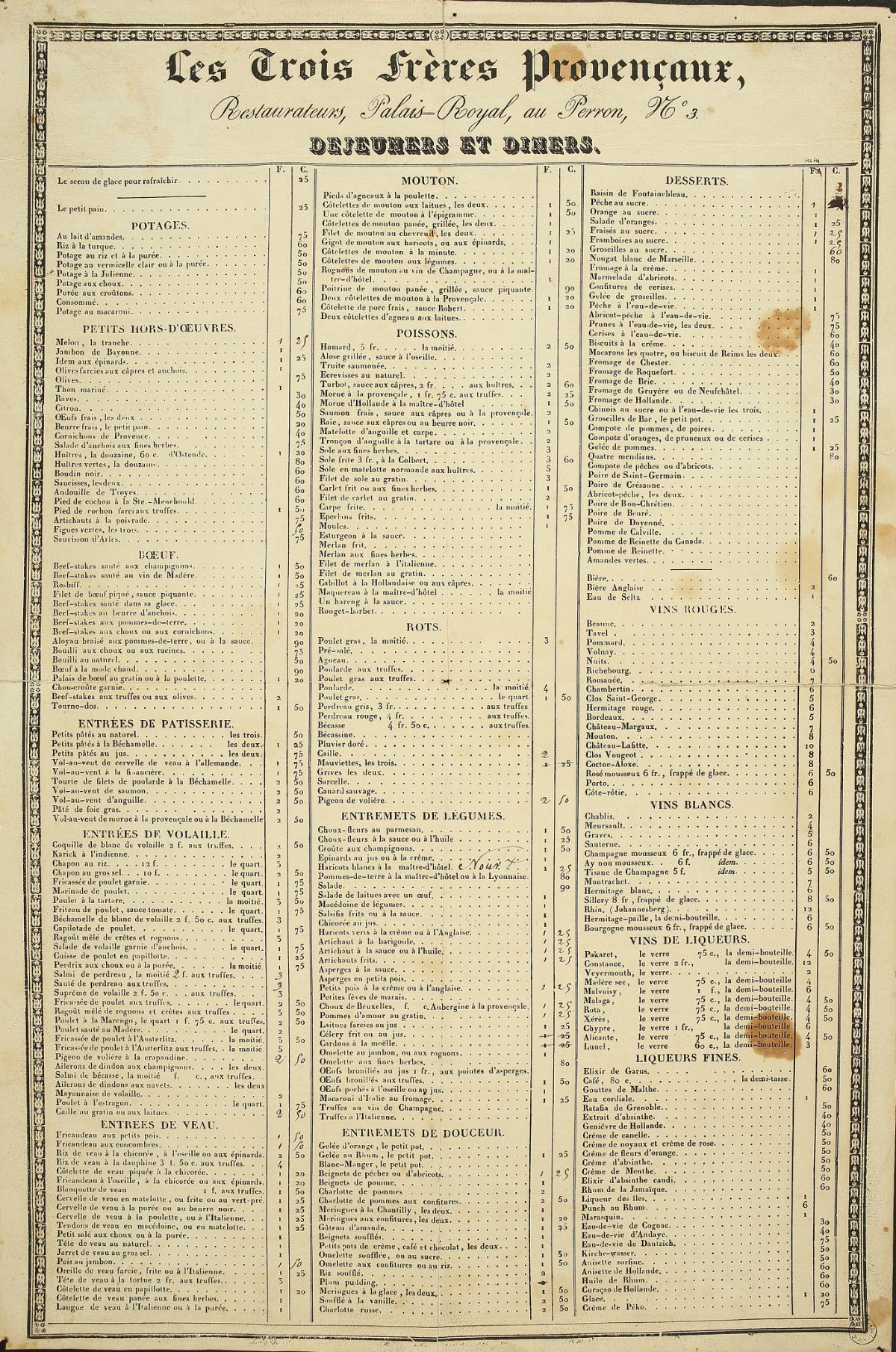 Carte des Trois Frères Provençaux, restaurateurs au Palais-Royal, vers 1810 : chaque plat suivi de son prix.