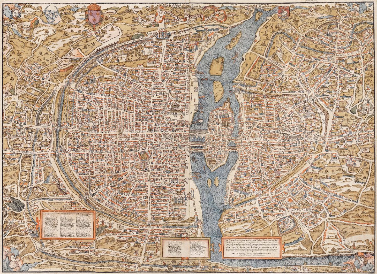 Paris vers 1550 : la Ville, la Cité et l’Université, ponts couverts de maisons et enceintes médiévales.