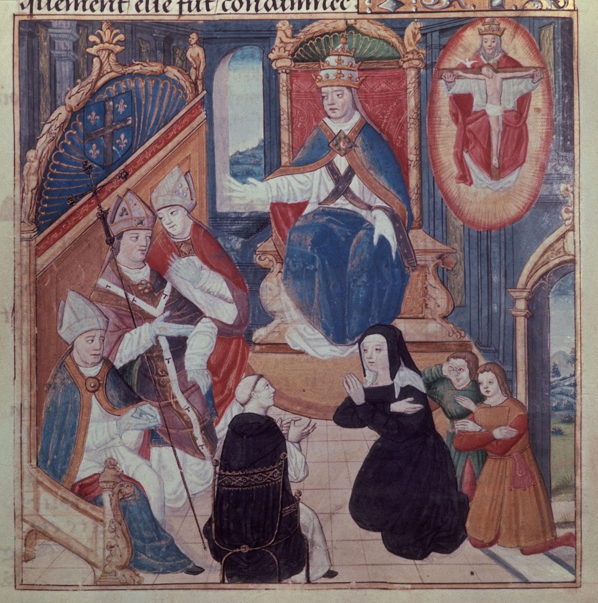 Isabelle Romée, agenouillée en noir avec ses fils, supplie l'inquisiteur Jean Bréhal devant le pape Calixte III.