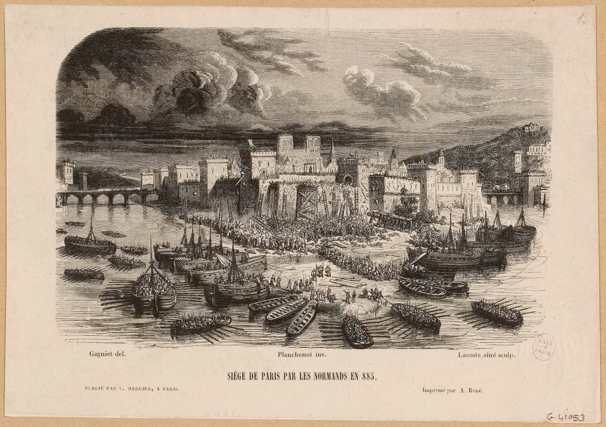 La flotte viking sur la Seine et les machines de siège dressées contre les murailles de Paris, 885.
