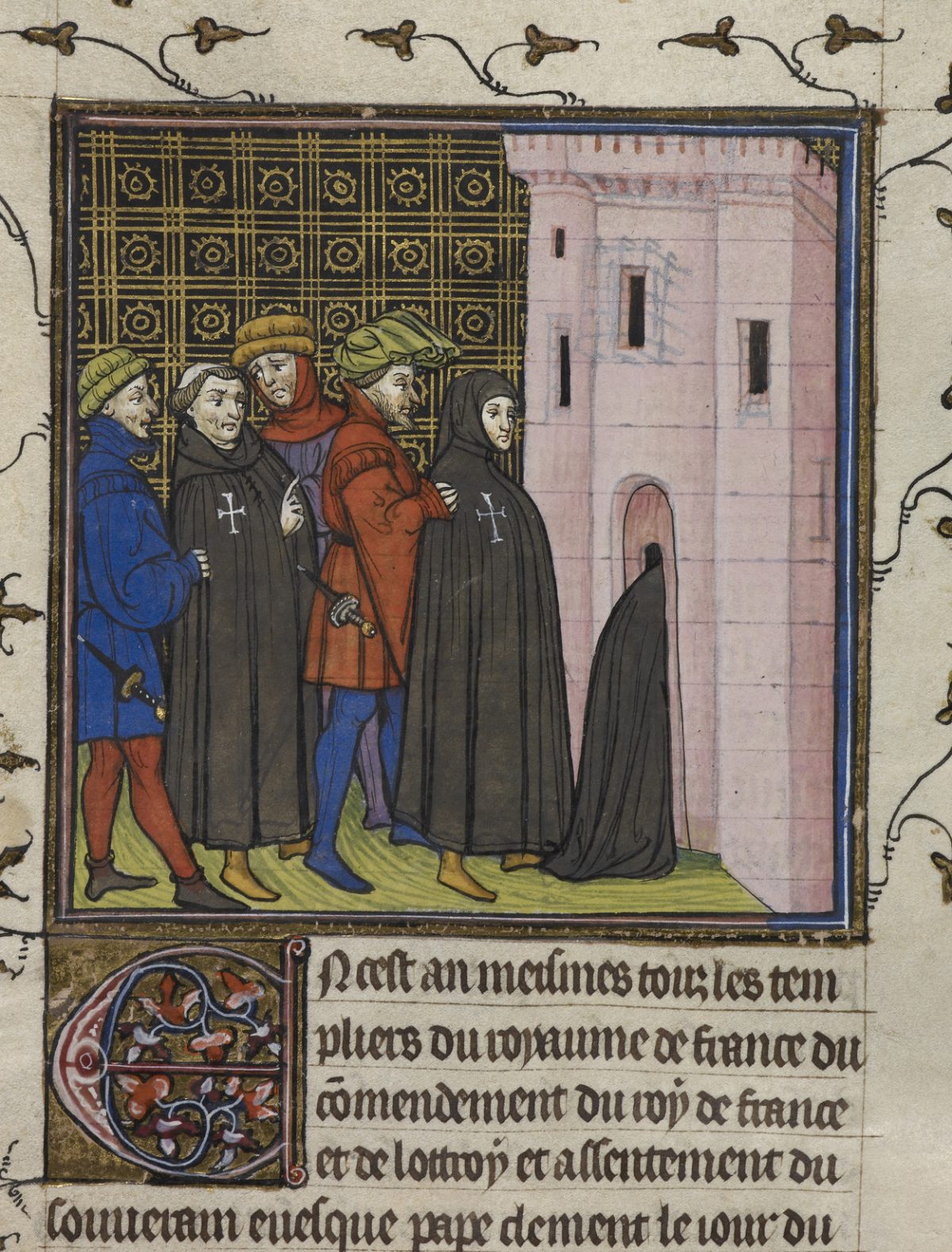 Des sergents du roi conduisent trois Templiers en manteau noir vers la tour où ils sont enfermés.